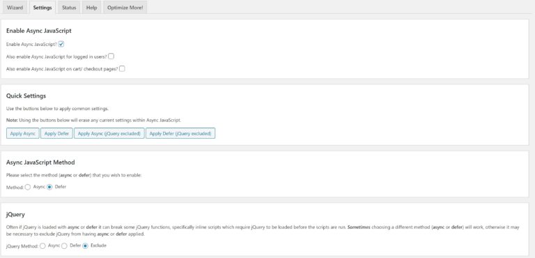 A screenshot of the available settings in Async JavaScript.