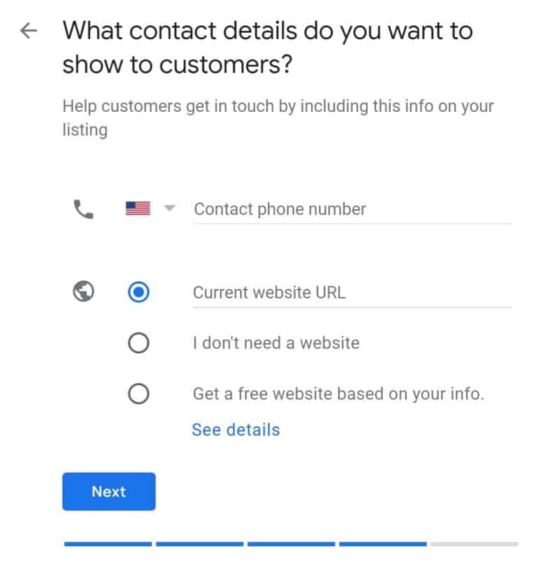 The sixth step of creating a GMB listing - adding a website and phone number